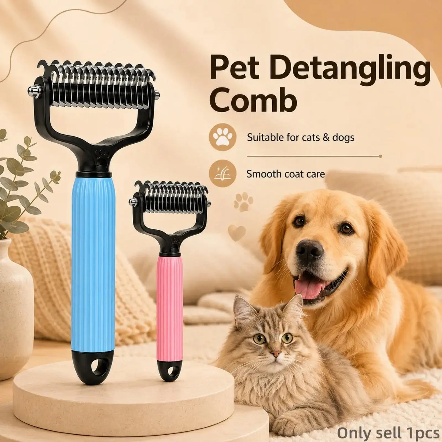 Pet Detangling Comb for Dogs and Cats - Stainless Steel Grooming Tool for Loose Hair Removal, Light Mats, Tangles, Shedding, and Daily Coat Care
