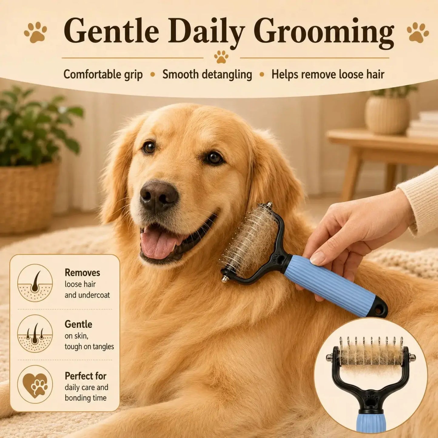 Pet Detangling Comb for Dogs and Cats - Stainless Steel Grooming Tool for Loose Hair Removal, Light Mats, Tangles, Shedding, and Daily Coat Care