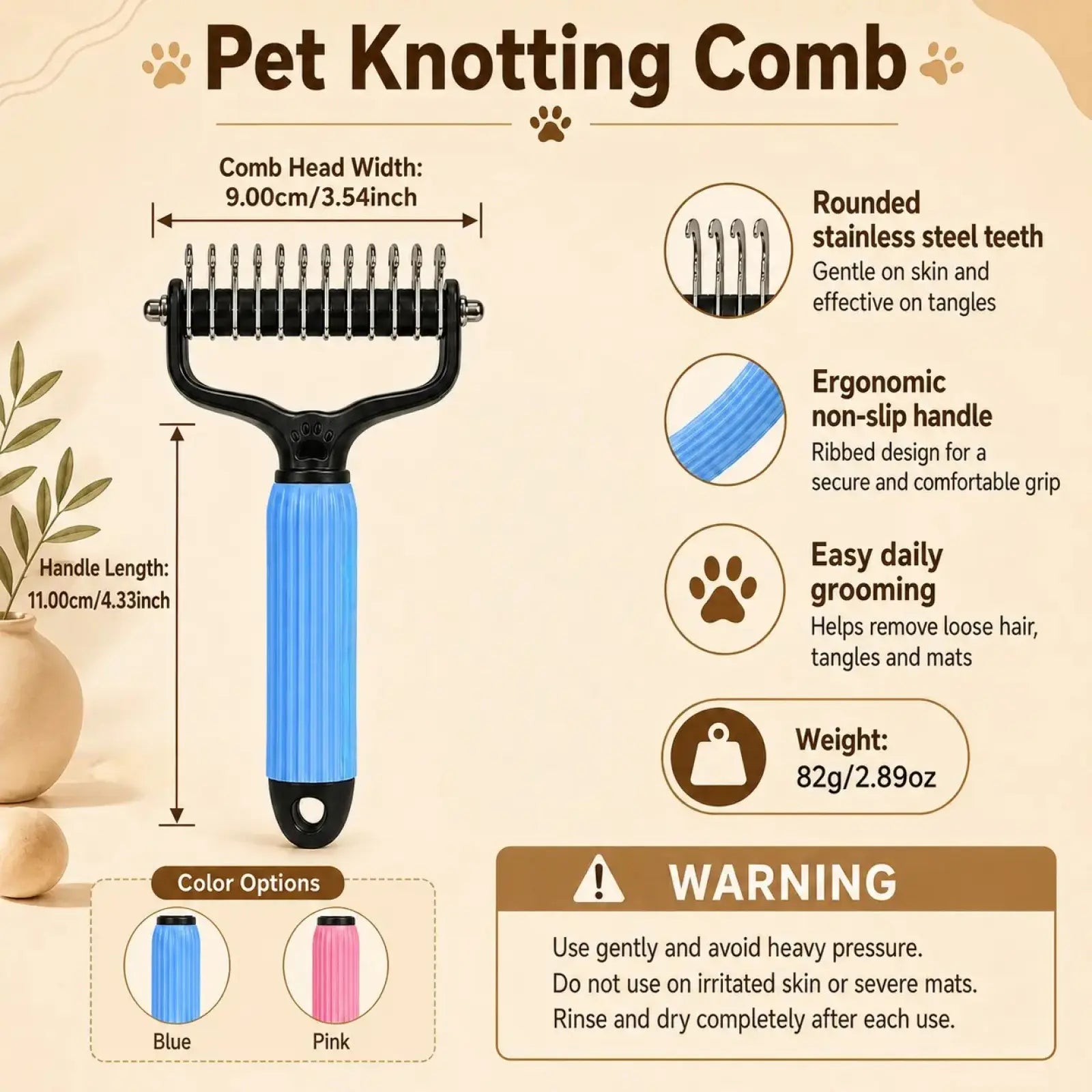 Pet Detangling Comb for Dogs and Cats - Stainless Steel Grooming Tool for Loose Hair Removal, Light Mats, Tangles, Shedding, and Daily Coat Care