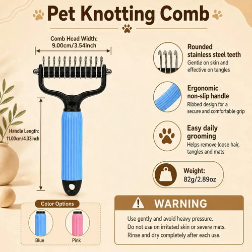 Pet Detangling Comb for Dogs and Cats - Stainless Steel Grooming Tool for Loose Hair Removal, Light Mats, Tangles, Shedding, and Daily Coat Care