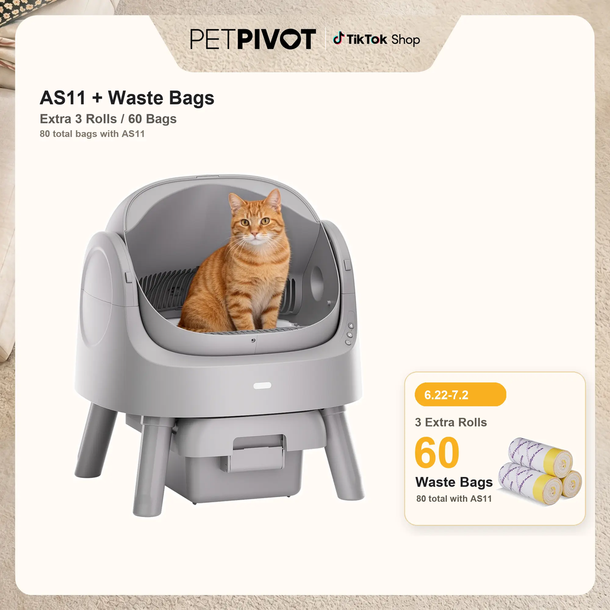 Petpivot Autoscooper 11 Open-Top Automatic Self-Cleaning Cat Litter Box with Bonus 60 Waste Bags (80 Total) - Limited-Time Offer Until July 2
